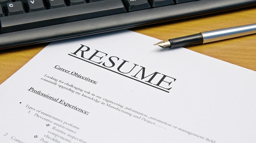 A printed resume and fountain pen on a desk