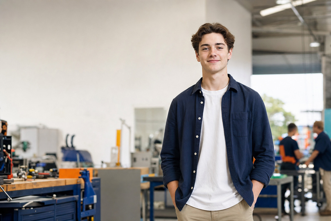 A young apprentice smiling in a workshop
