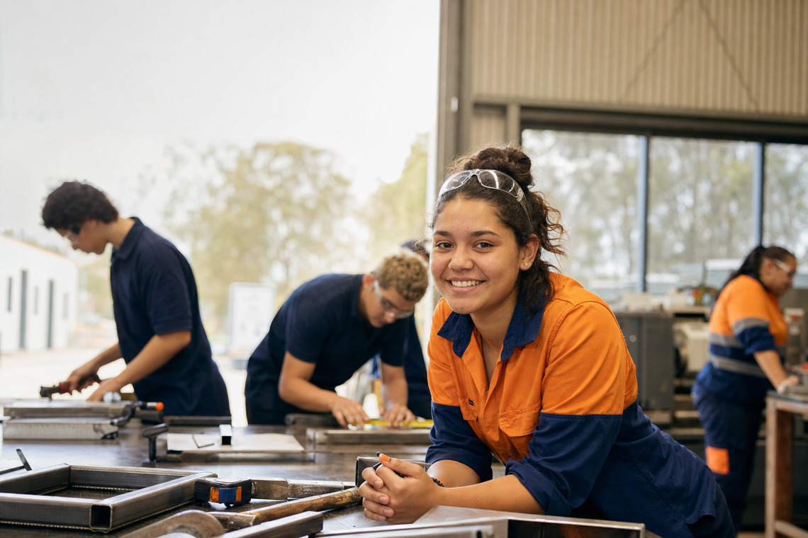 A smiling apprentice at a metalwork bench with classmates