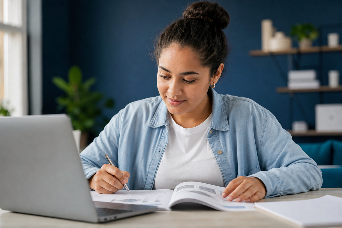 A student writing notes beside a laptop and workbook
