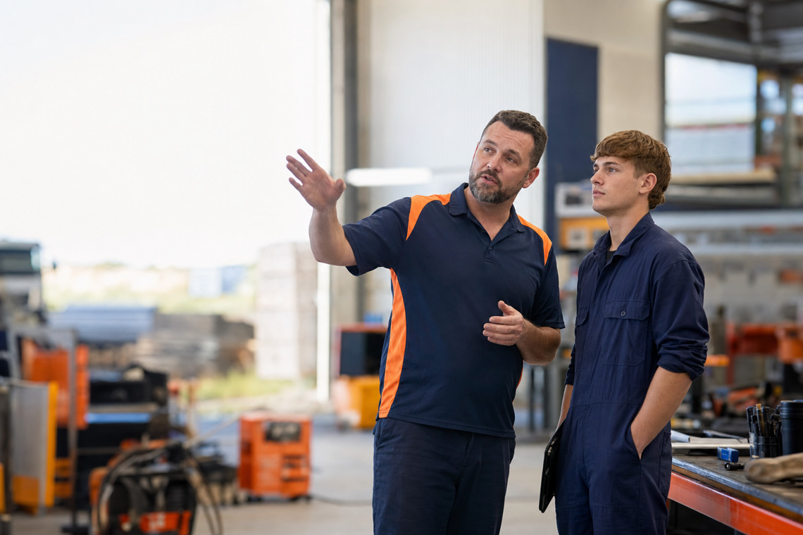 A host employer mentoring a Novaskill apprentice on the job