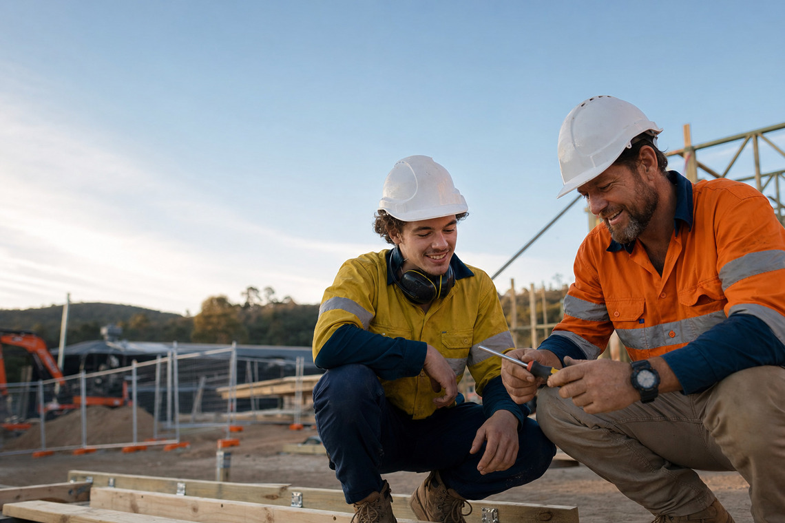 An apprentice and tradesperson inspecting a tool on a construction site