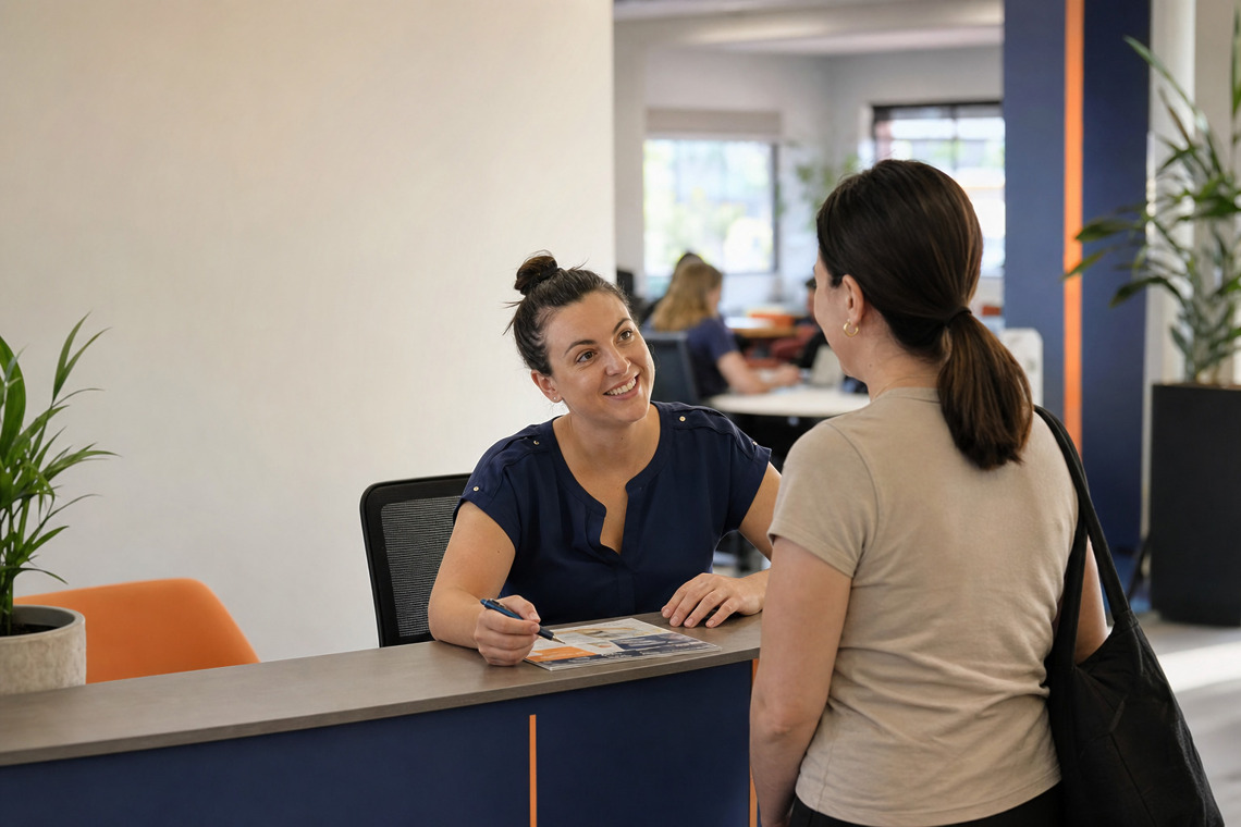 A Novaskill staff member helping a visitor at the front desk