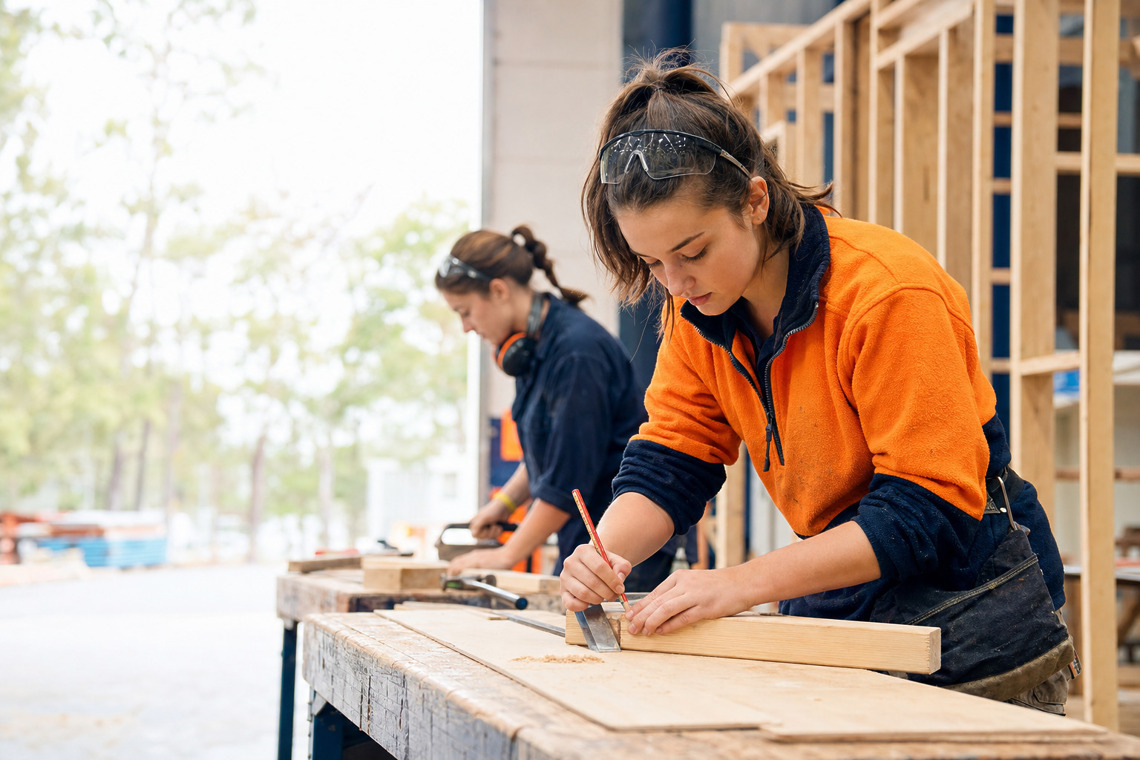 Two young women measuring timber at a carpentry workbench