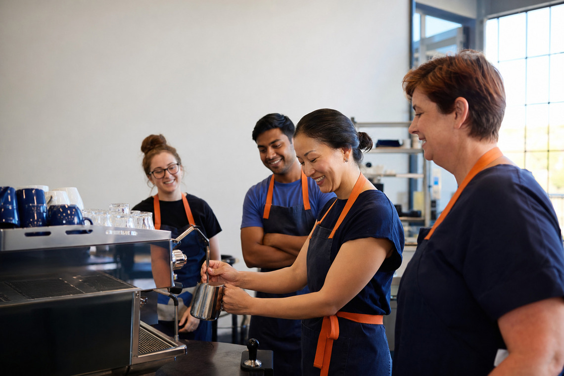 Trainees practising barista skills around an espresso machine