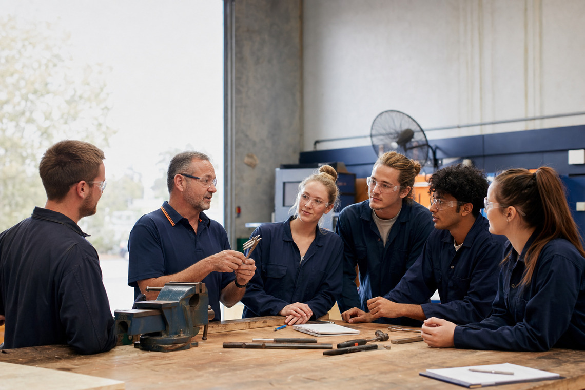A trainer demonstrating tools to a group of apprentices