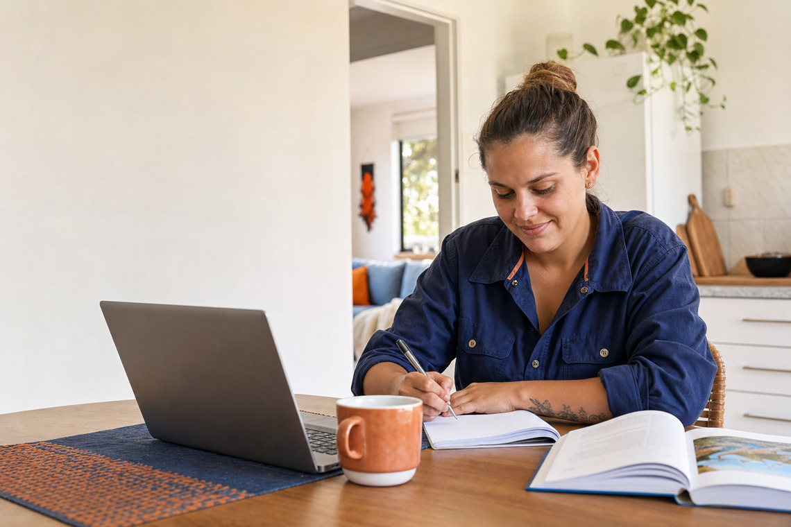 A student studying at home with a laptop and textbook